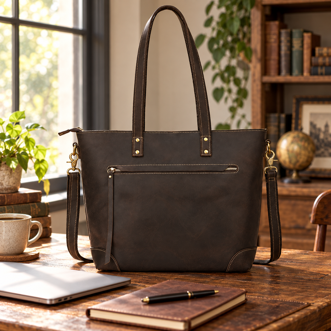 Vintage Crazy Horse Leather Tote Shoulder Bag 1097 Dark Brown scene 1 lifestyle image