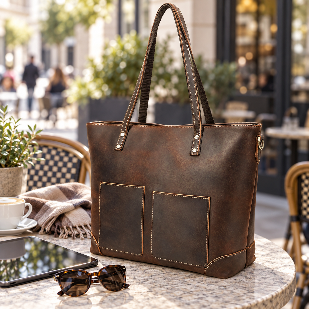 Vintage Crazy Horse Leather Laptop Tote Bag Coffee scene 2 lifestyle image