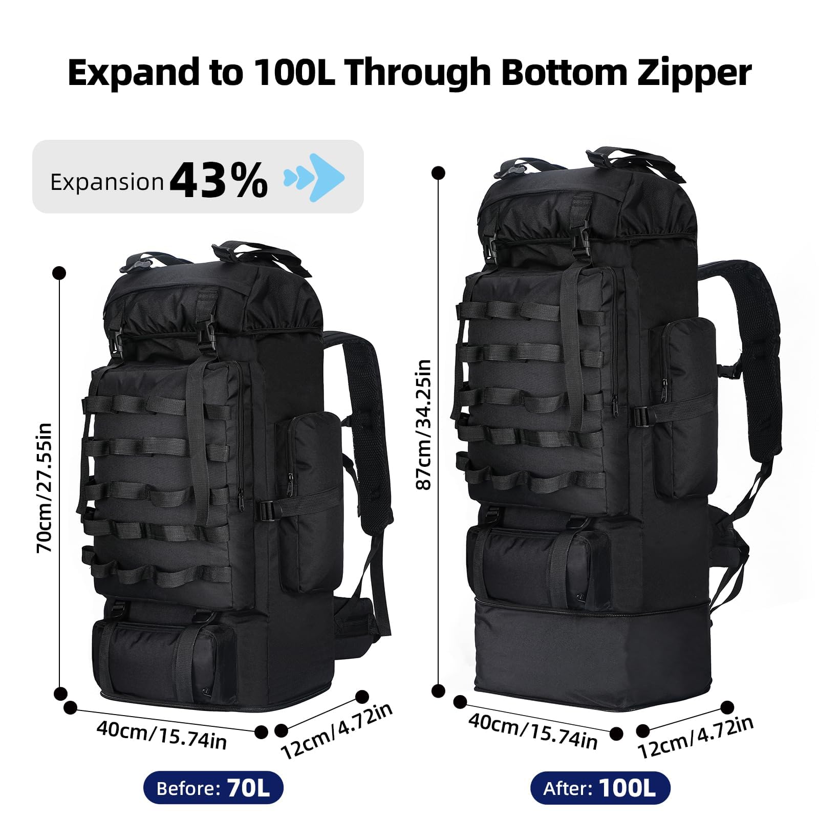 100l backpack rain cover 70L/100L Camping Hiking Backpack with Rain Cover, Black