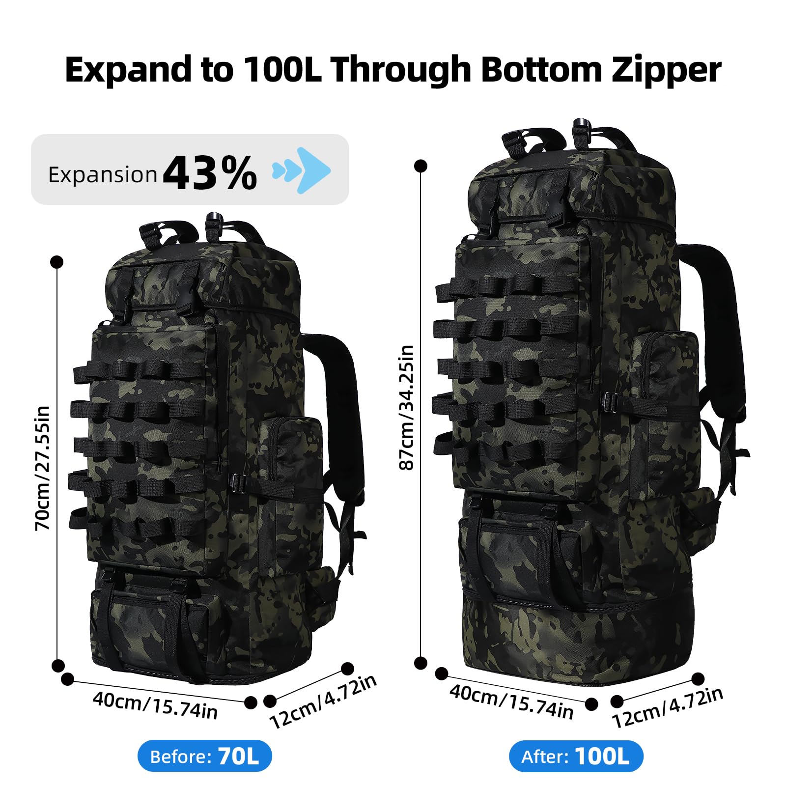 70L/100L Camping Hiking Backpack with Rain Cover