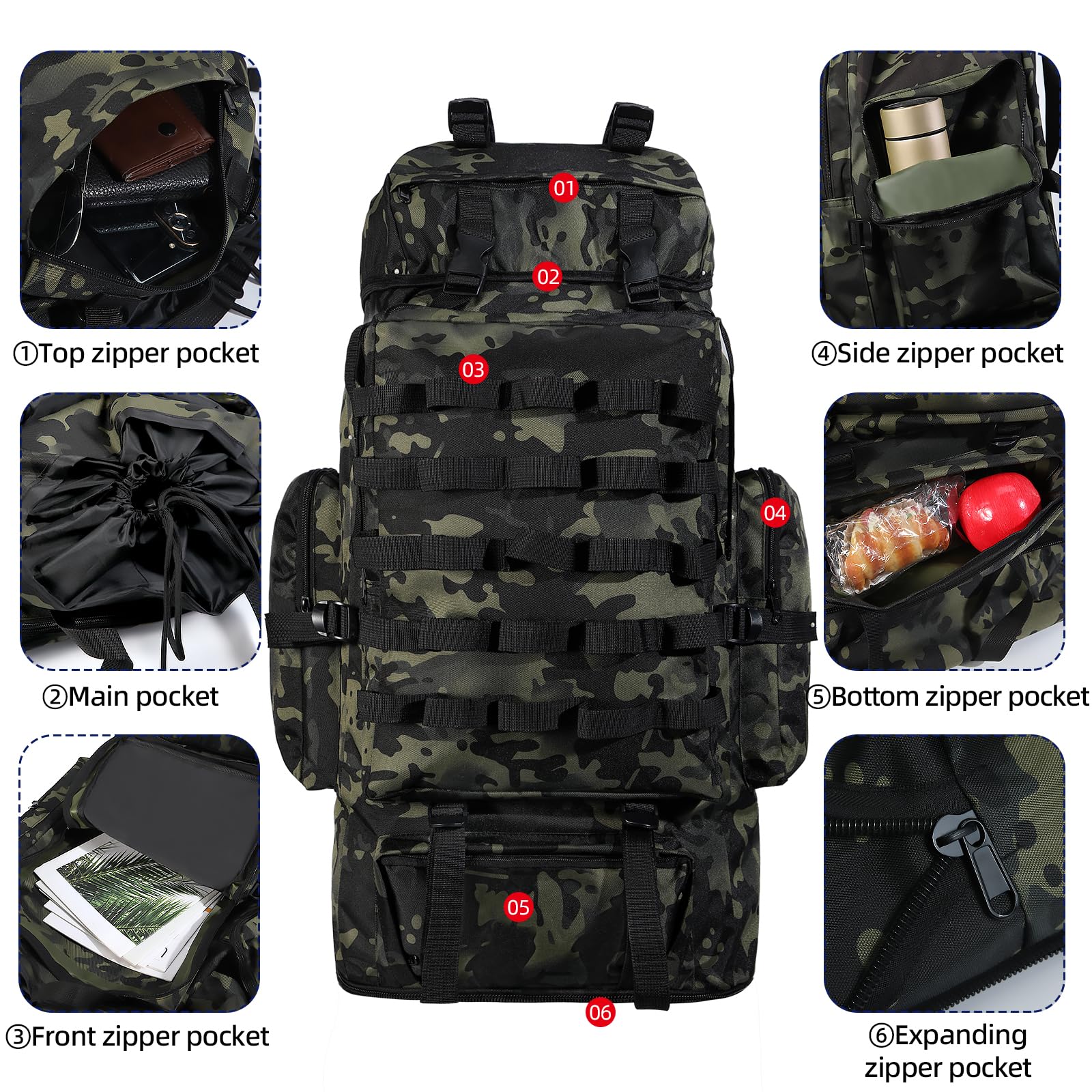 70L/100L Camping Hiking Backpack with Rain Cover, Black