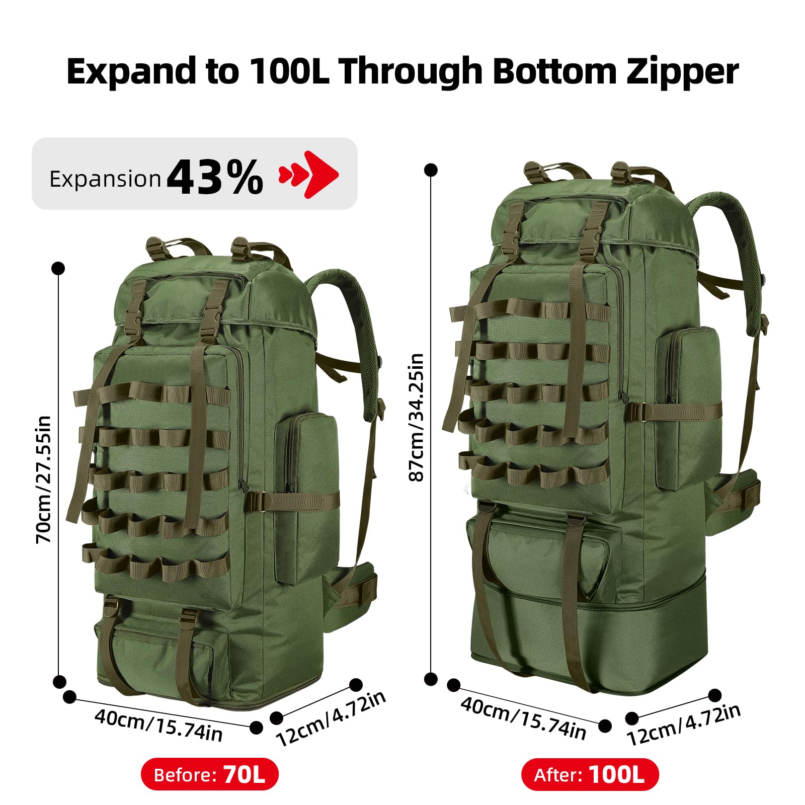 70L/100L Camping Hiking Backpack with Rain Cover