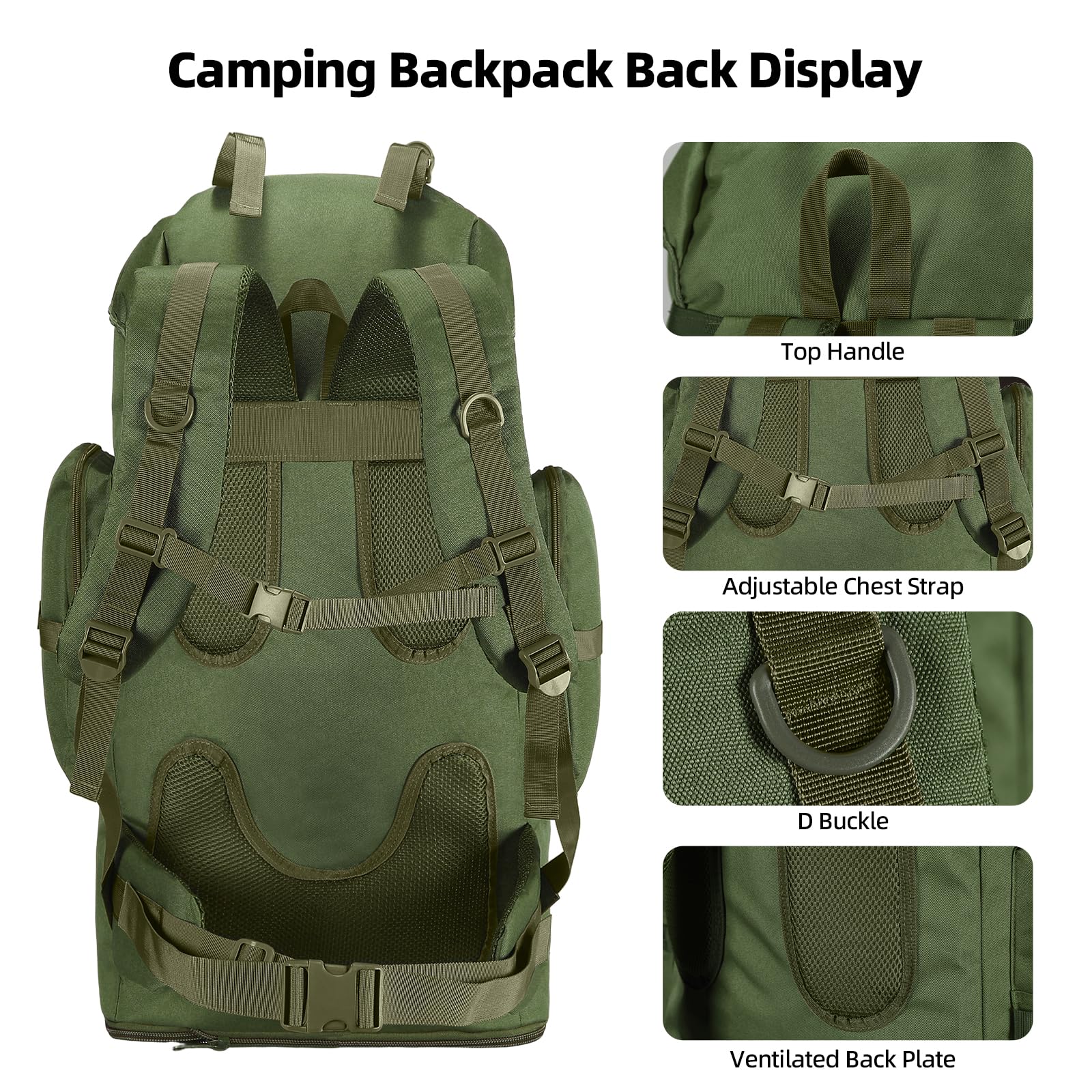 70L/100L Camping Hiking Backpack with Rain Cover, Green