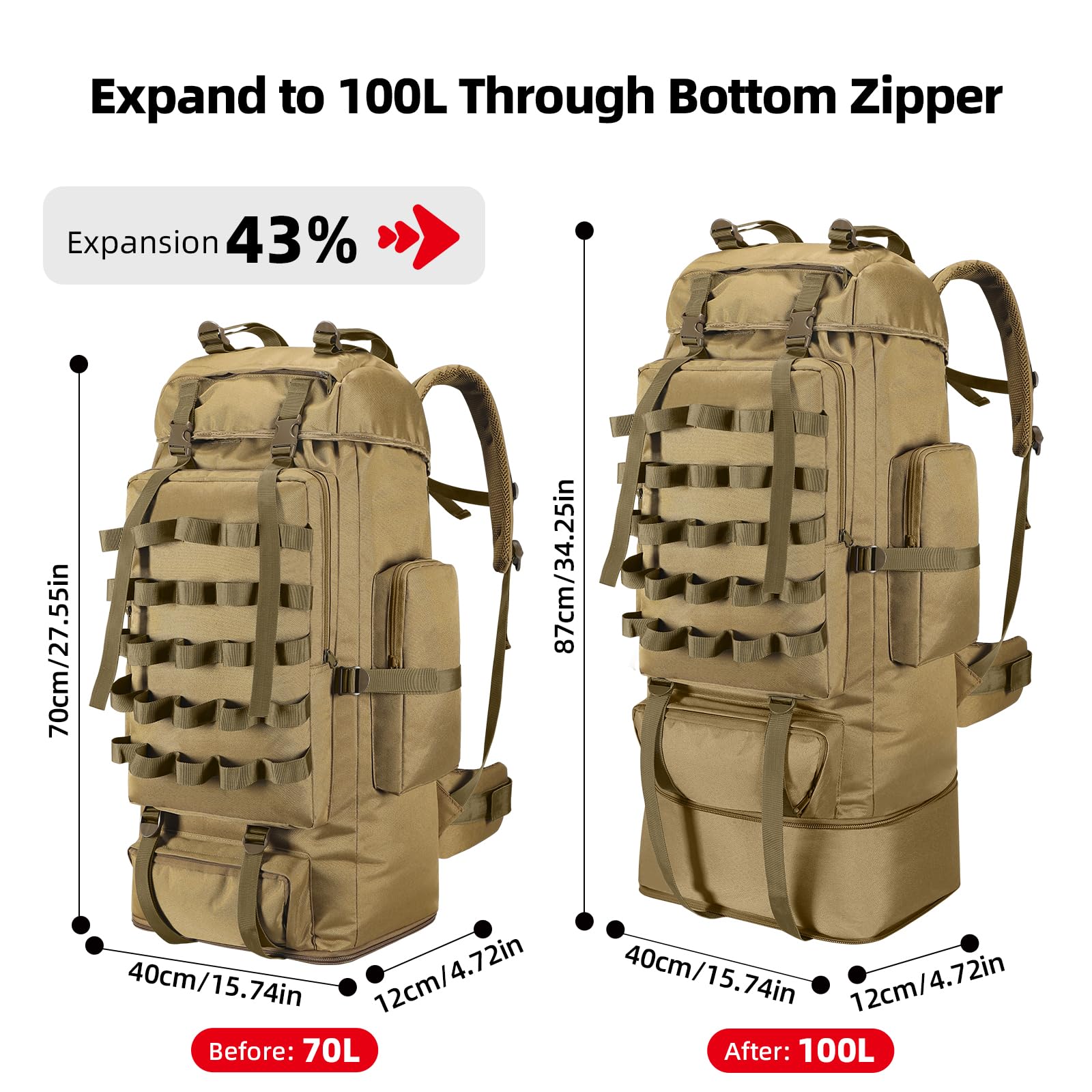 70L/100L Camping Hiking Backpack with Rain Cover