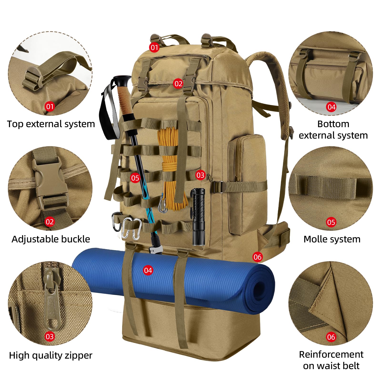 70L/100L Camping Hiking Backpack with Rain Cover