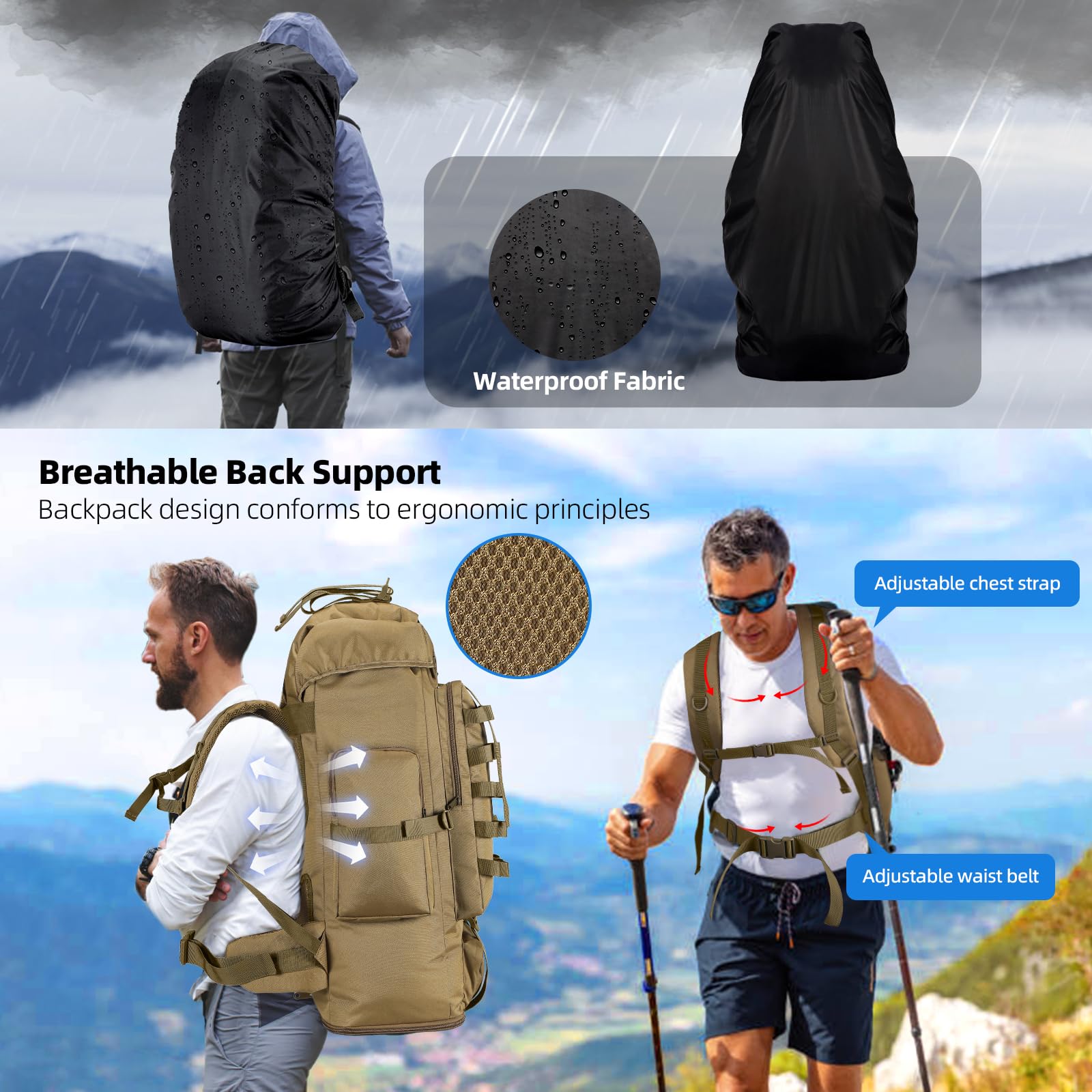 70L/100L Camping Hiking Backpack with Rain Cover