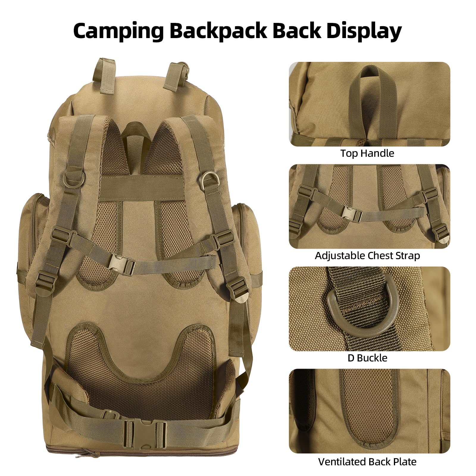 70L/100L Camping Hiking Backpack with Rain Cover, Khaki