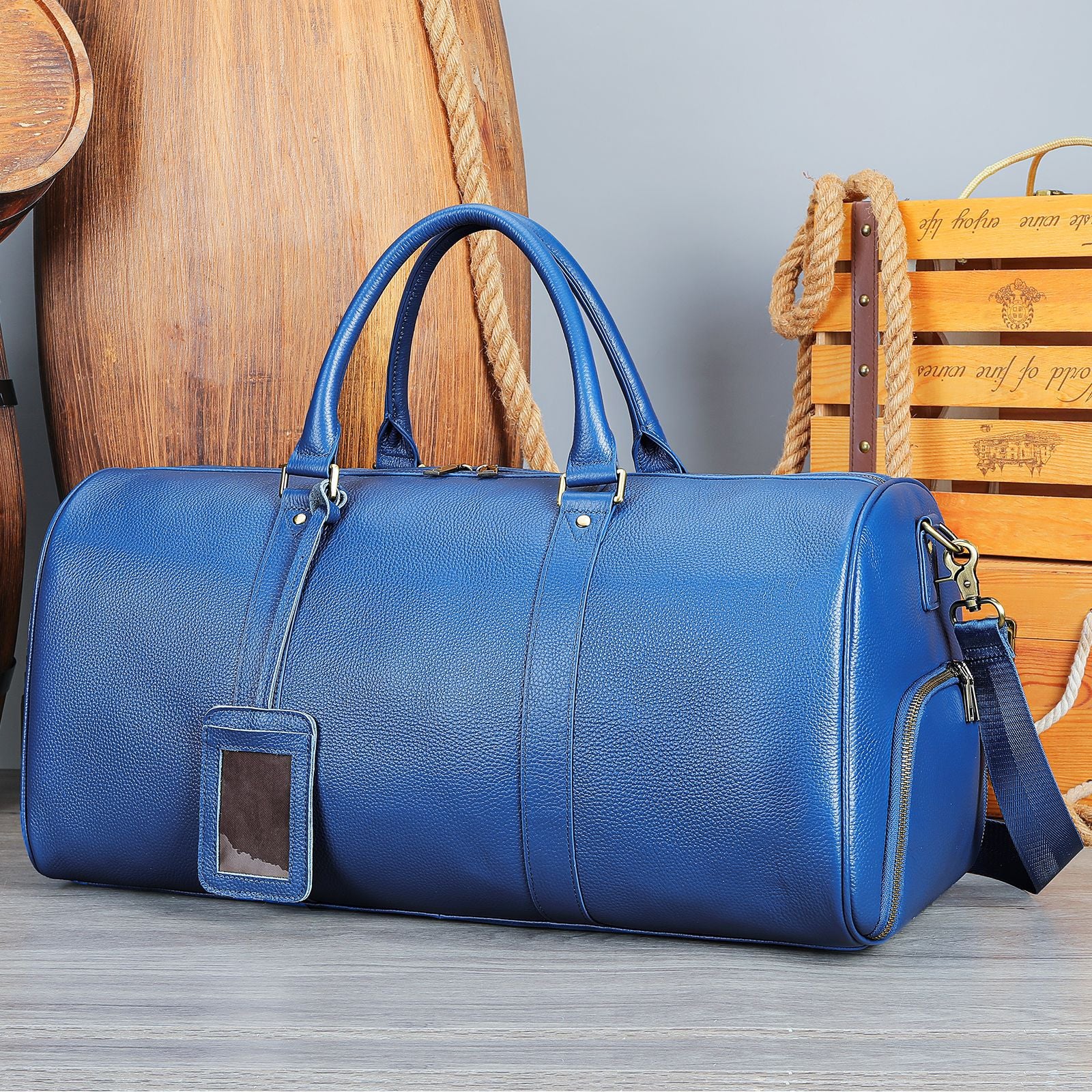 Leather Duffle Bag with Shoes Compartment