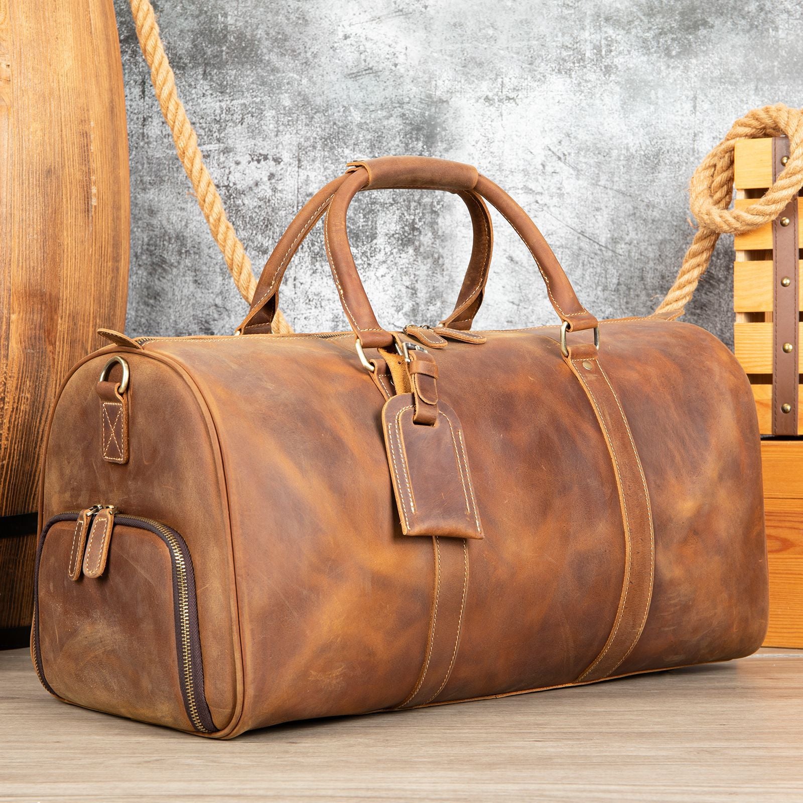 Leather Duffle Bag with Shoes Compartment