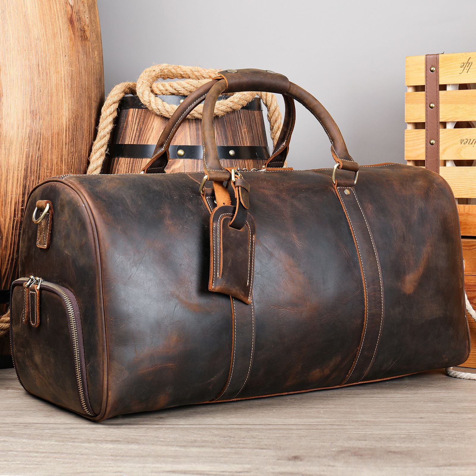 Leather Duffle Bag with Shoes Compartment