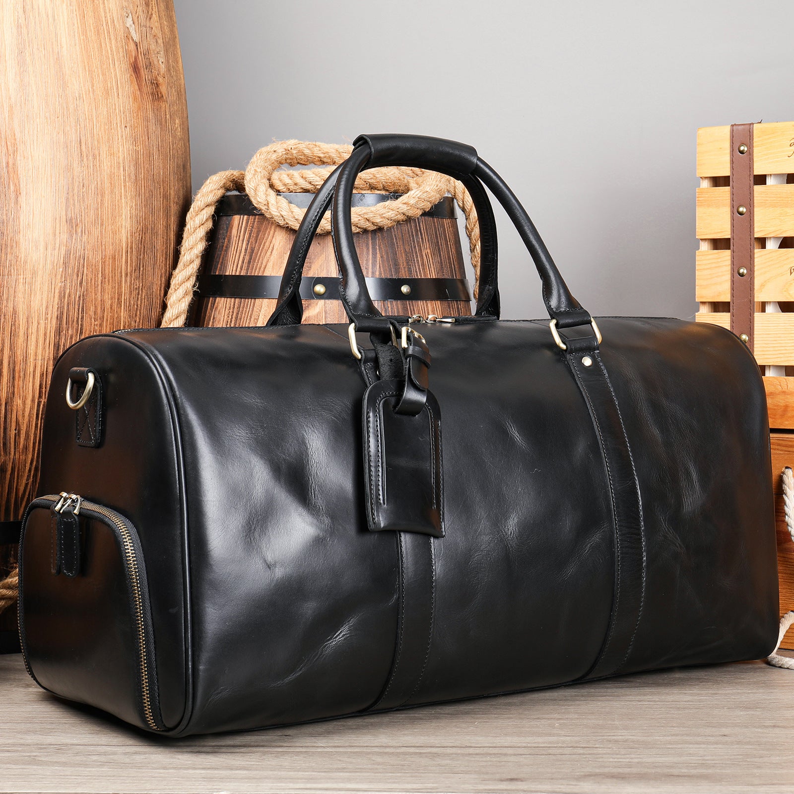 Leather Duffle Bag with Shoes Compartment