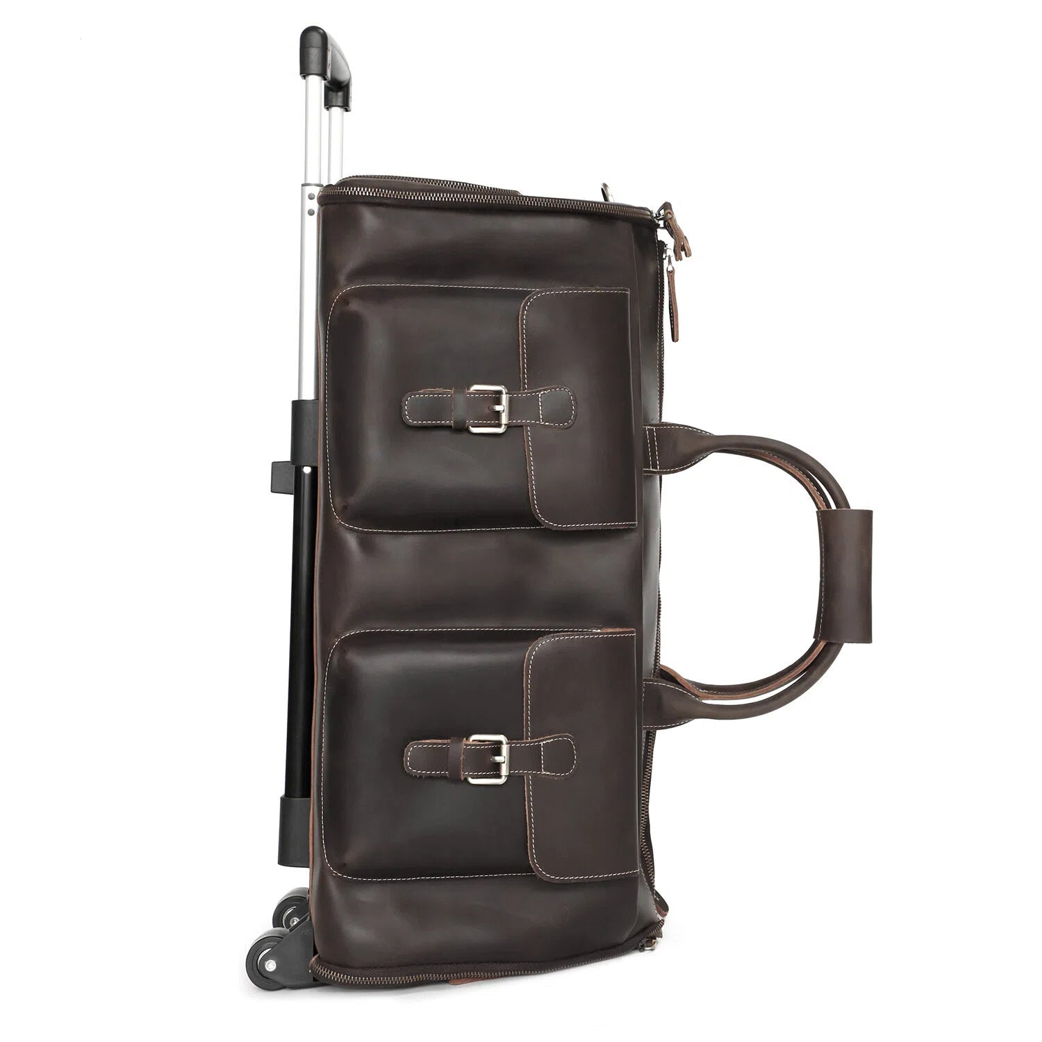 Travel Leather Duffle Bag with Wheels and Shoe Compartment