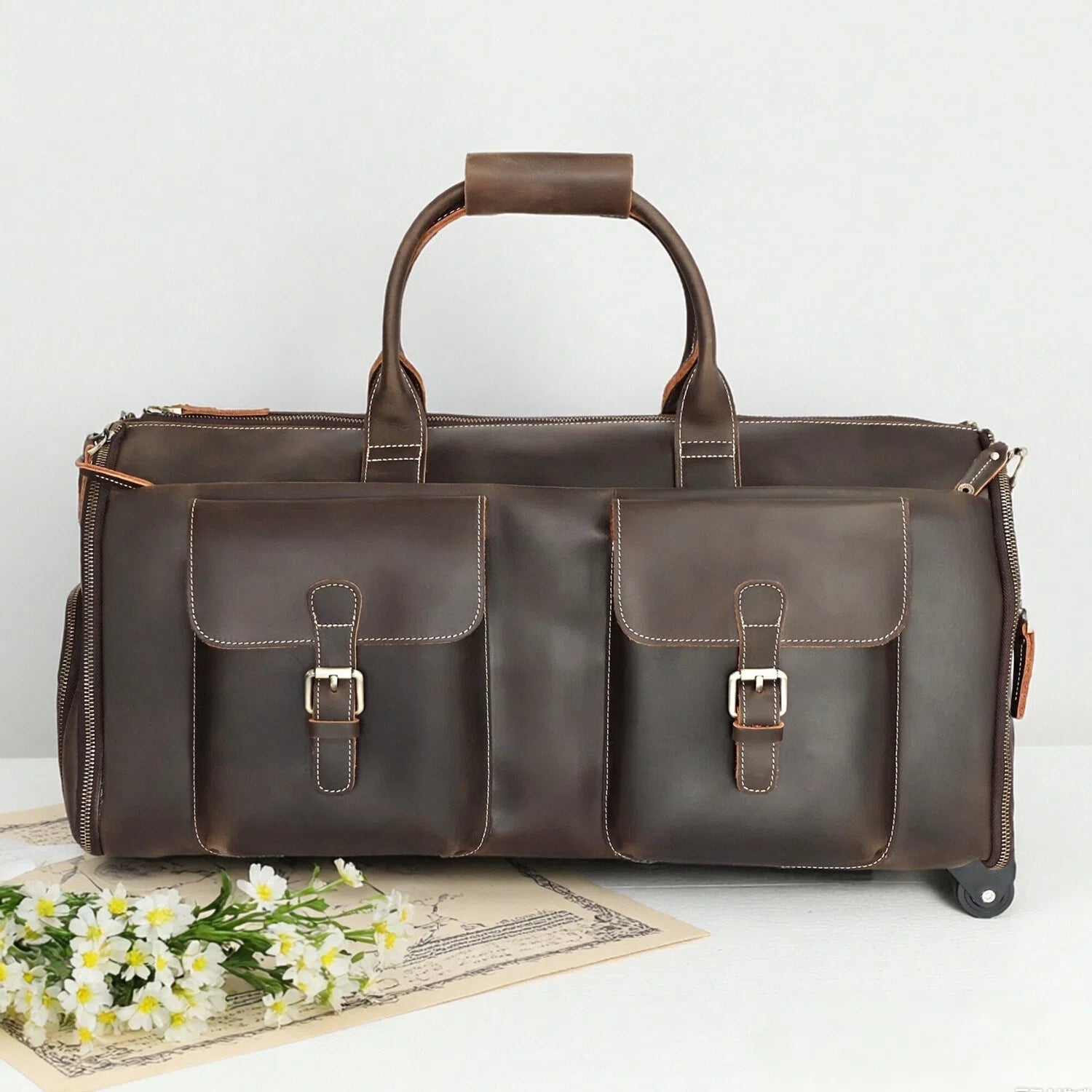 Travel Leather Duffle Bag with Wheels and Shoe Compartment
