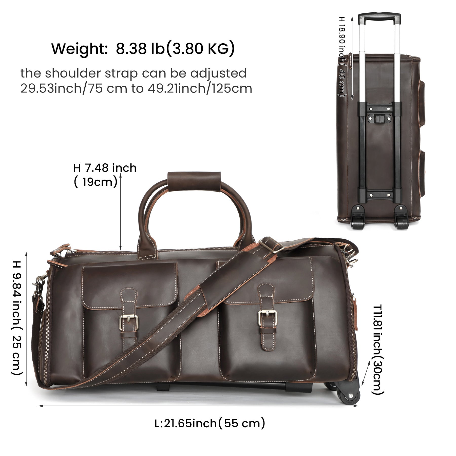 Travel Leather Duffle Bag with Wheels and Shoe Compartment
