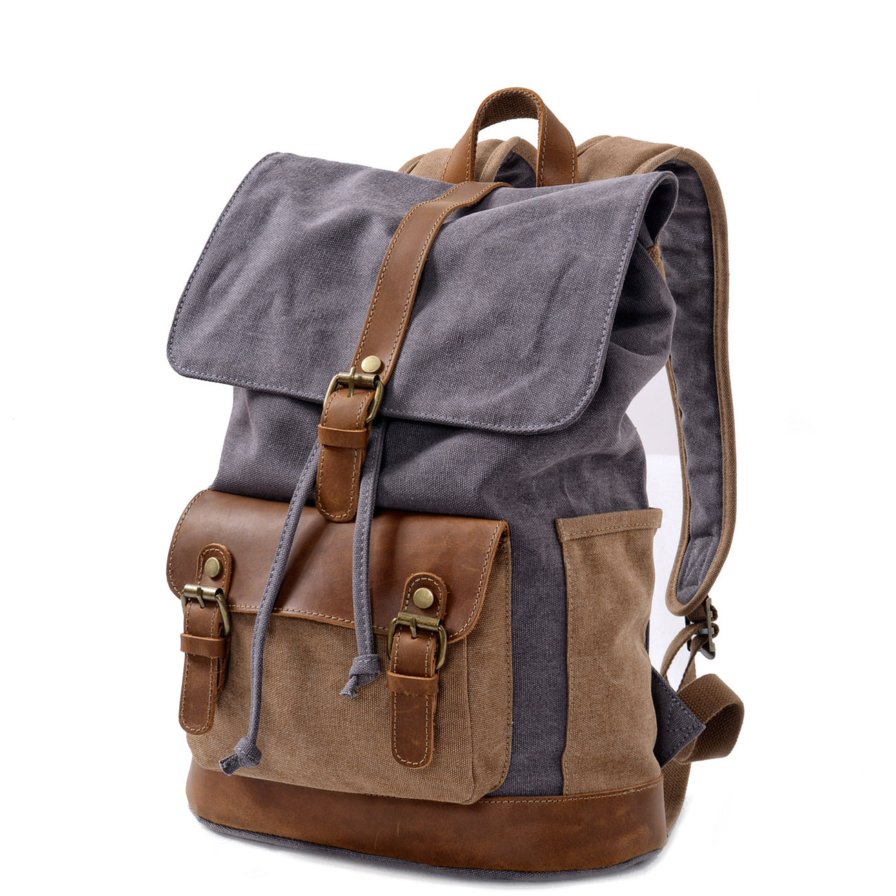 Vintage Cotton Canvas Backpack with Leather Accents, Dark Grey with Brown
