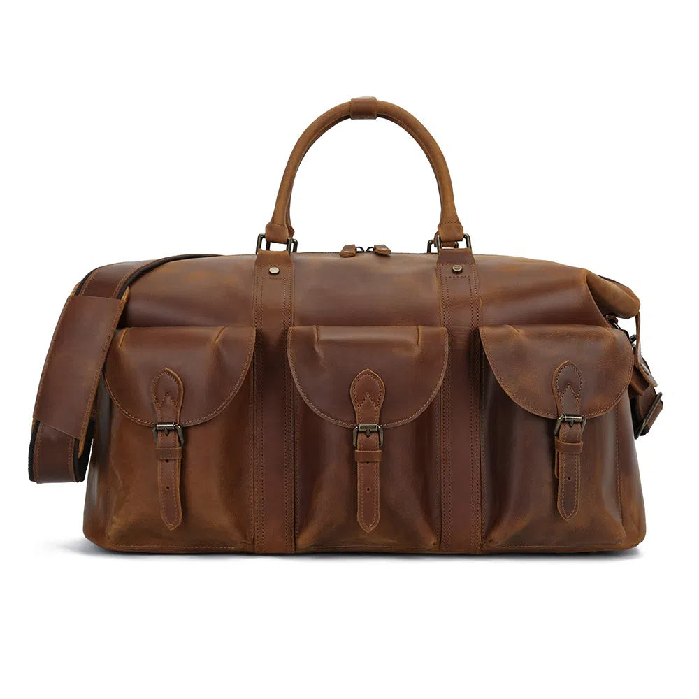 Vintage Leather Duffle Bag with Multiple Pockets