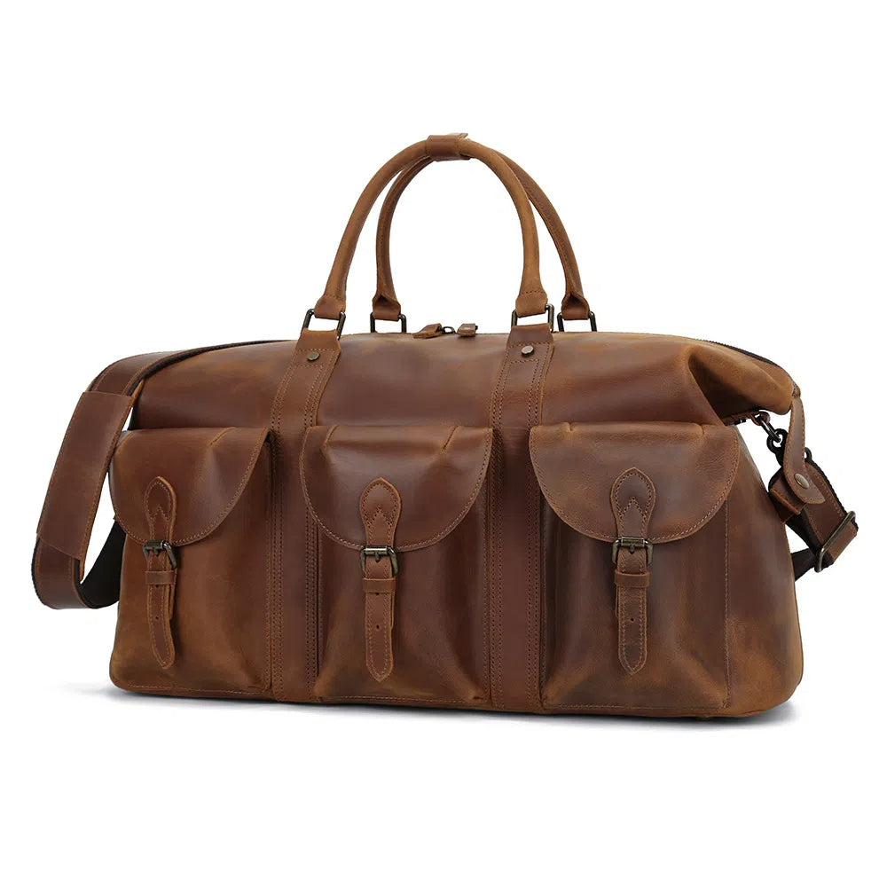 Vintage Leather Duffle Bag with Multiple Pockets