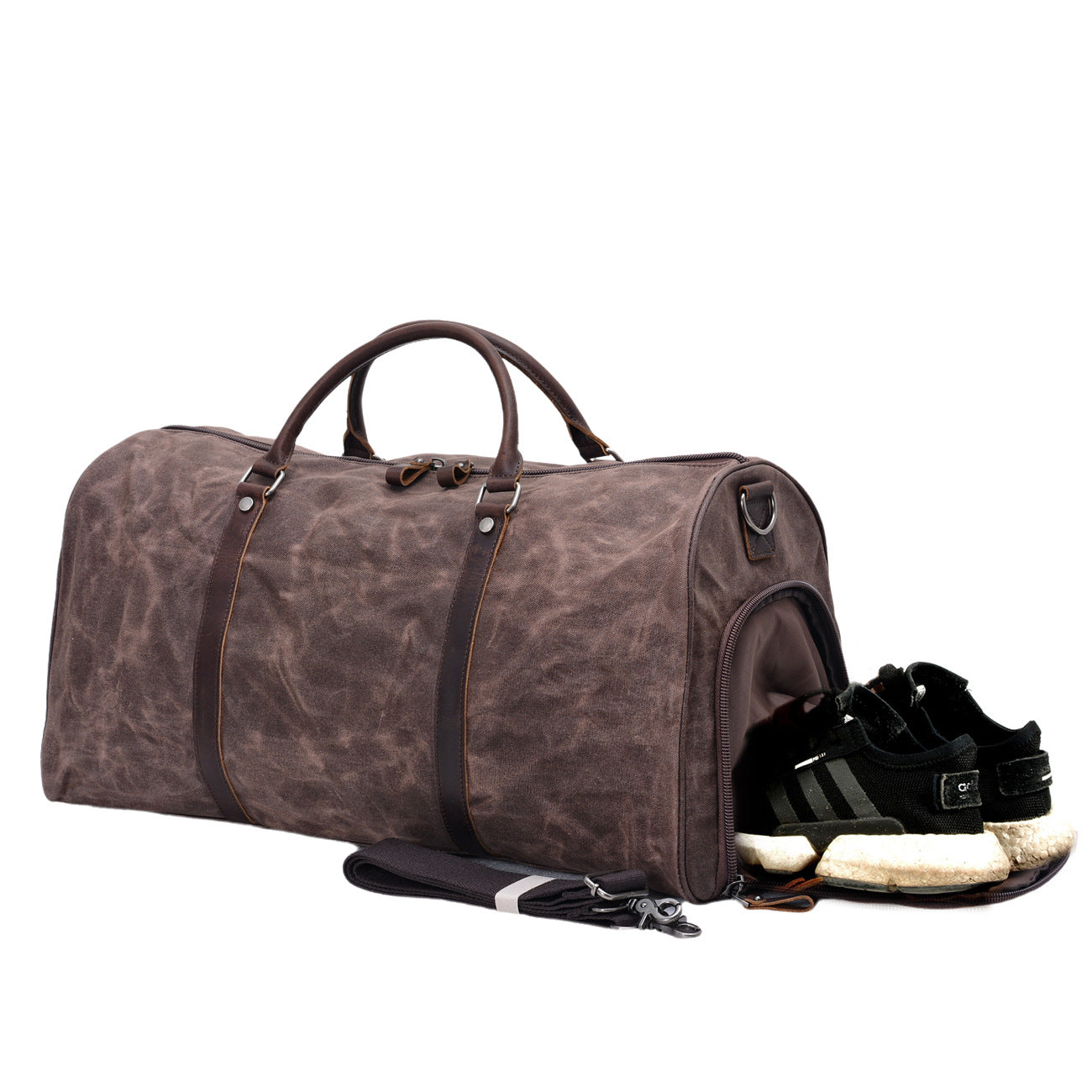 Waxed Canvas Genuine Leather Duffle Bag with Shoe Compartment