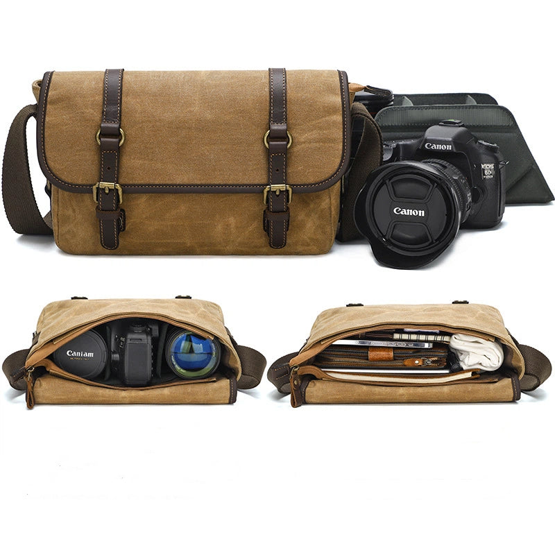 Waxed Canvas Messenger Bag with Leather Trim
