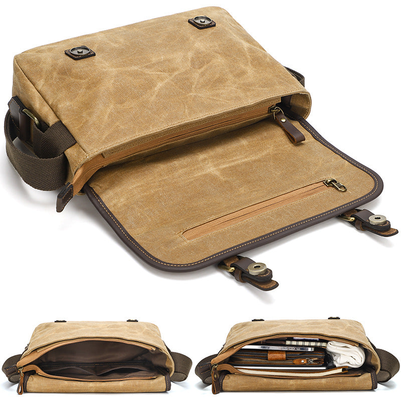 Waxed Canvas Messenger Bag with Leather Trim