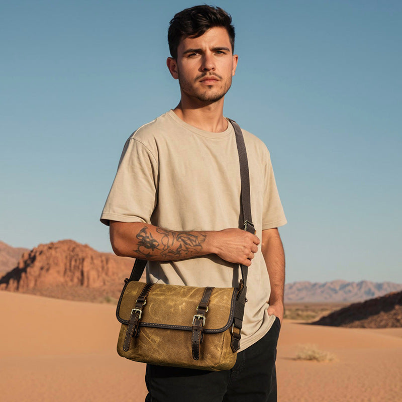 Waxed Canvas Messenger Bag with Leather Trim
