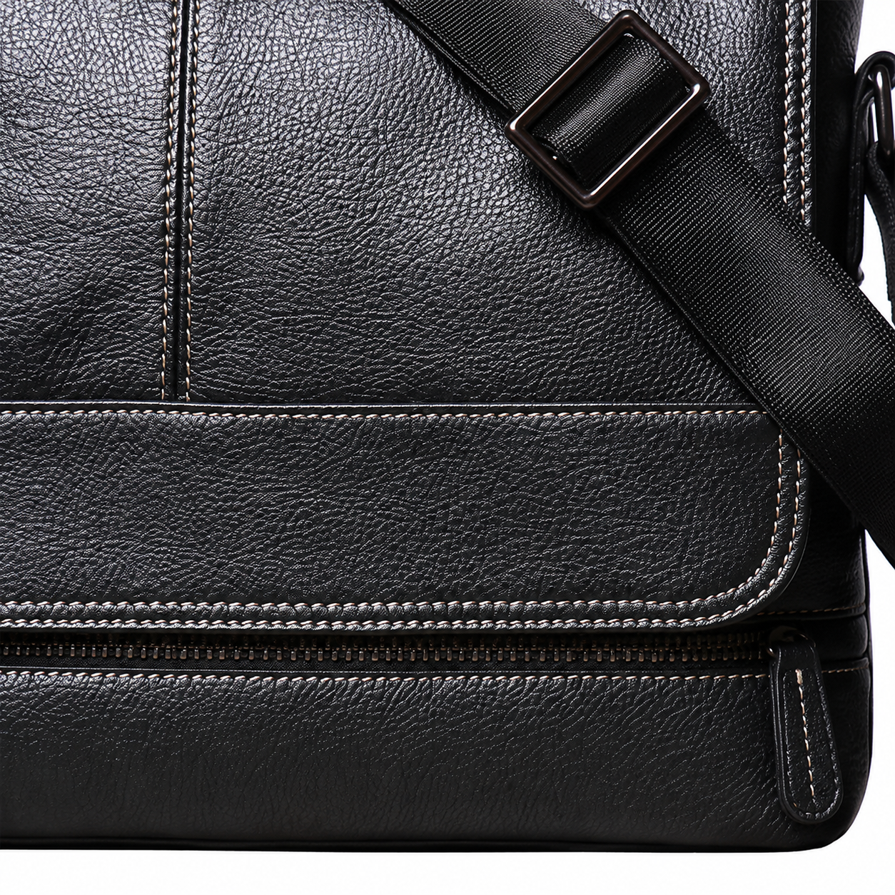 Black Genuine Leather Messenger Crossbody Bag exact 1688 leather stitching detail