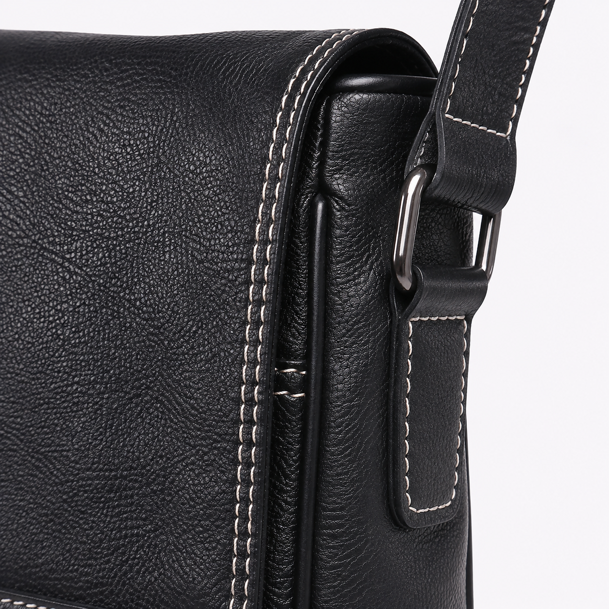 Black Genuine Leather Messenger Crossbody Bag exact 1688 strap hardware detail