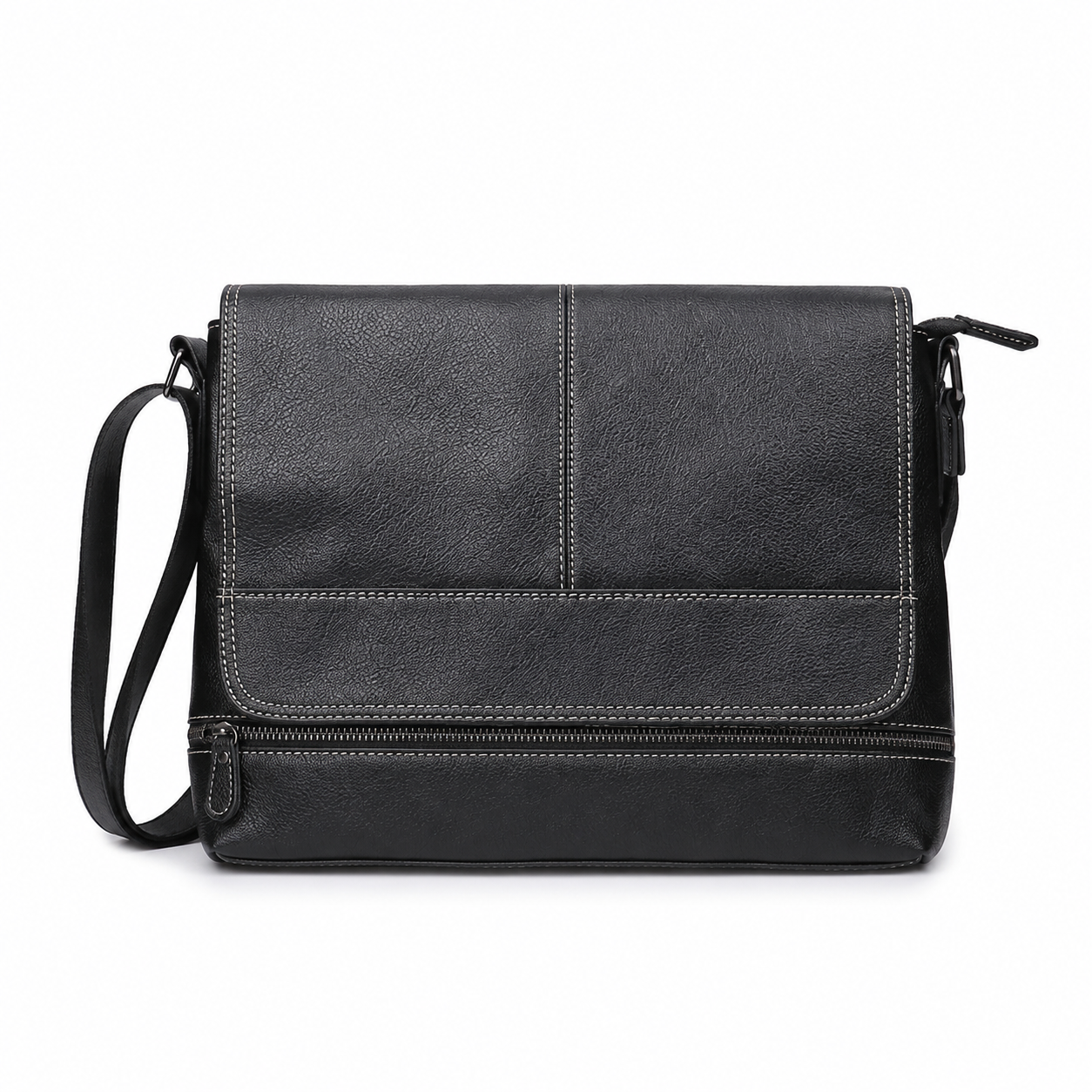 Black Genuine Leather Messenger Crossbody Bag exact 1688 white background rear view