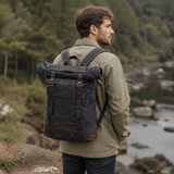 Waxed Canvas Roll Top Backpack Vintage Outdoor exact product model front lifestyle