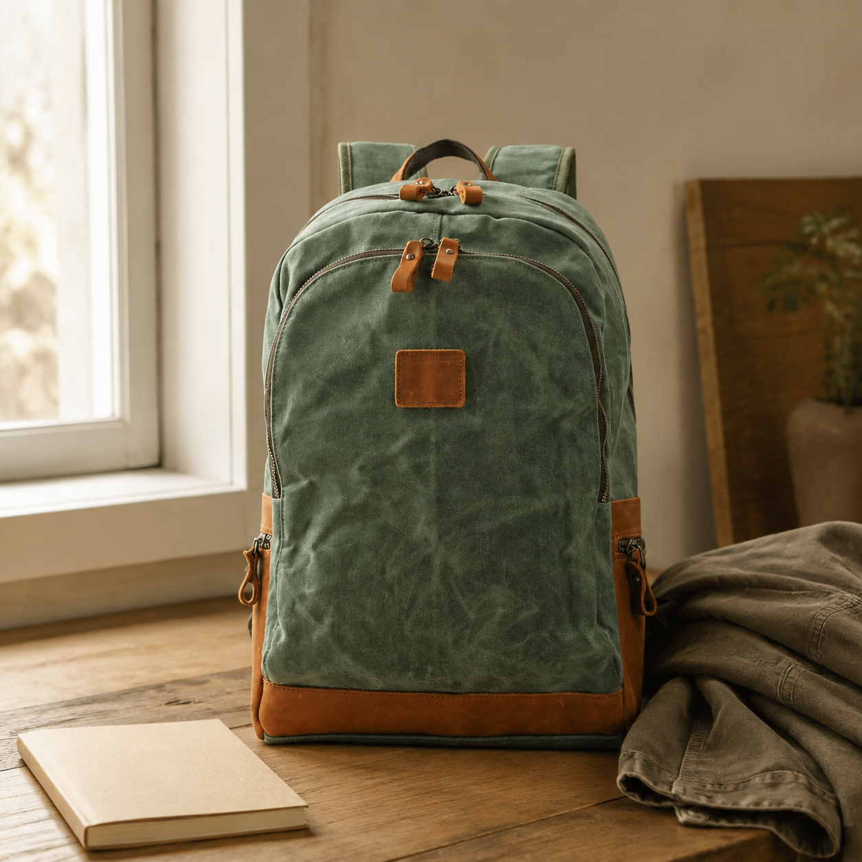 Vintage Leather Waxed Canvas Backpack exact product scene front lifestyle