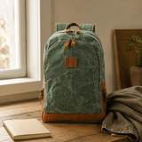 Vintage Leather Waxed Canvas Backpack exact product scene front lifestyle