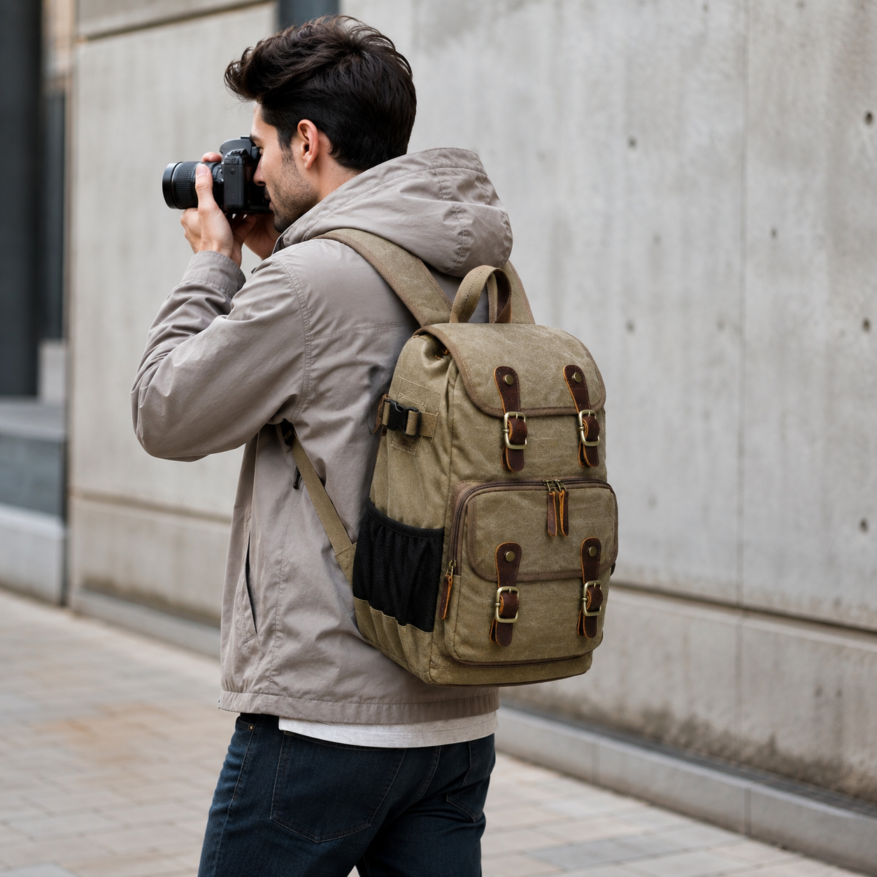Woosir Waterproof Waxed Canvas Bag Camera Backpack exact product model side lifestyle