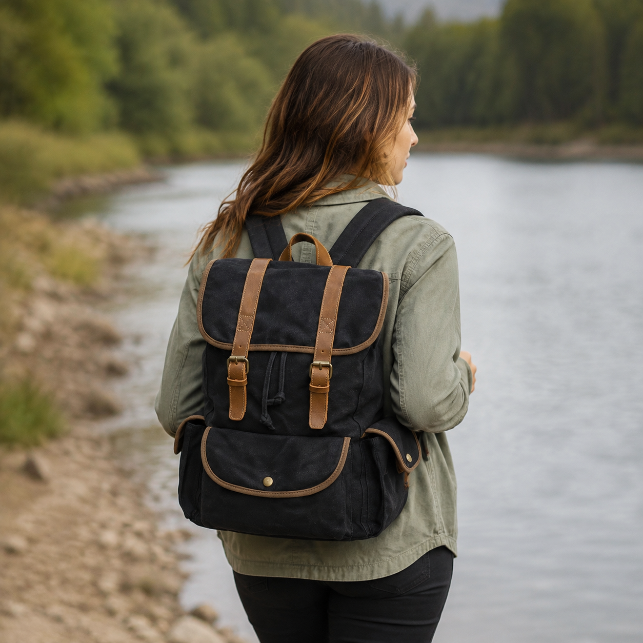 Waterproof Waxed Canvas Backpack with Leather Vintage exact product model side lifestyle