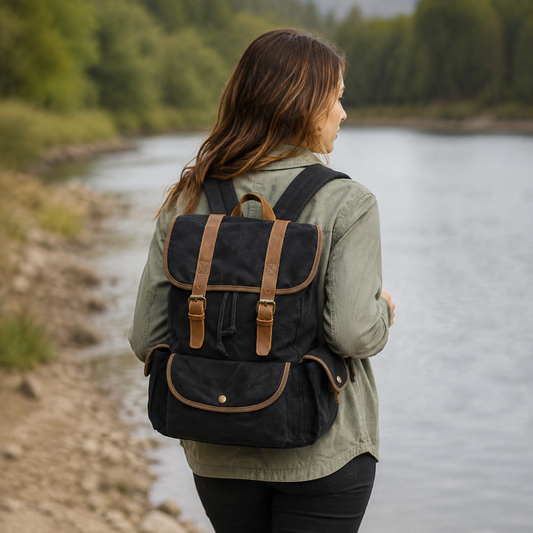 Waterproof Waxed Canvas Backpack with Leather Vintage exact product model side lifestyle