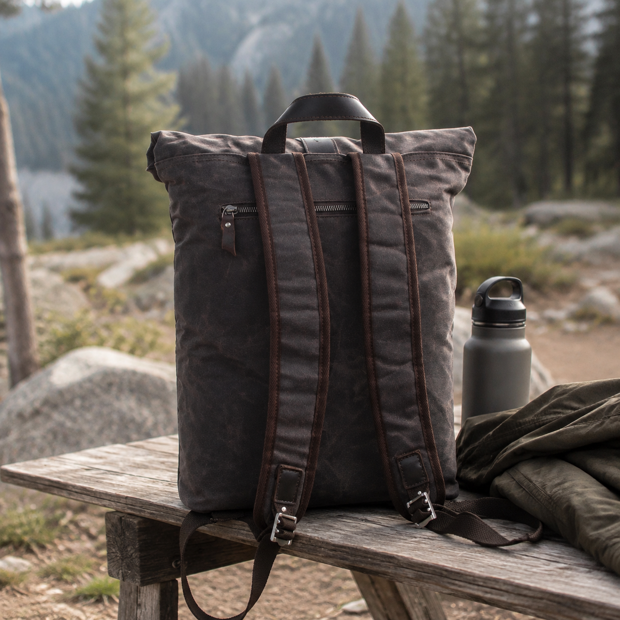 Vintage Roll Top Waxed Canvas Backpack Rucksack exact product scene side lifestyle