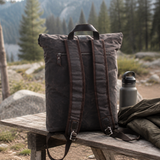 Vintage Roll Top Waxed Canvas Backpack Rucksack exact product scene side lifestyle