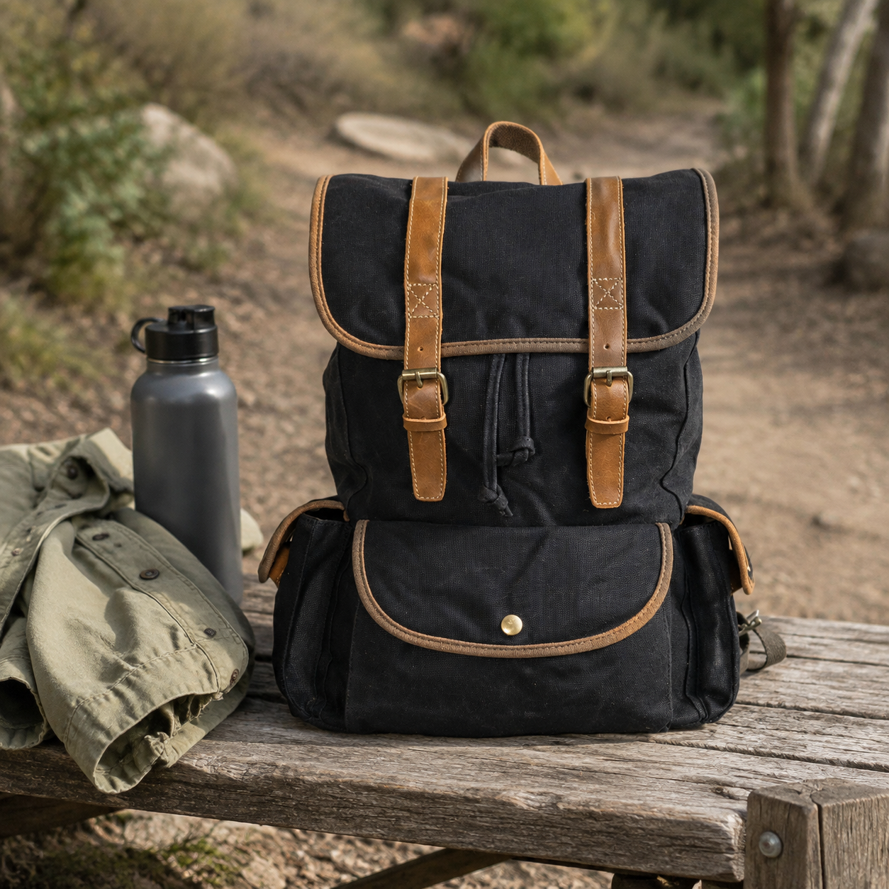 Waterproof Waxed Canvas Backpack with Leather Vintage exact product scene side lifestyle