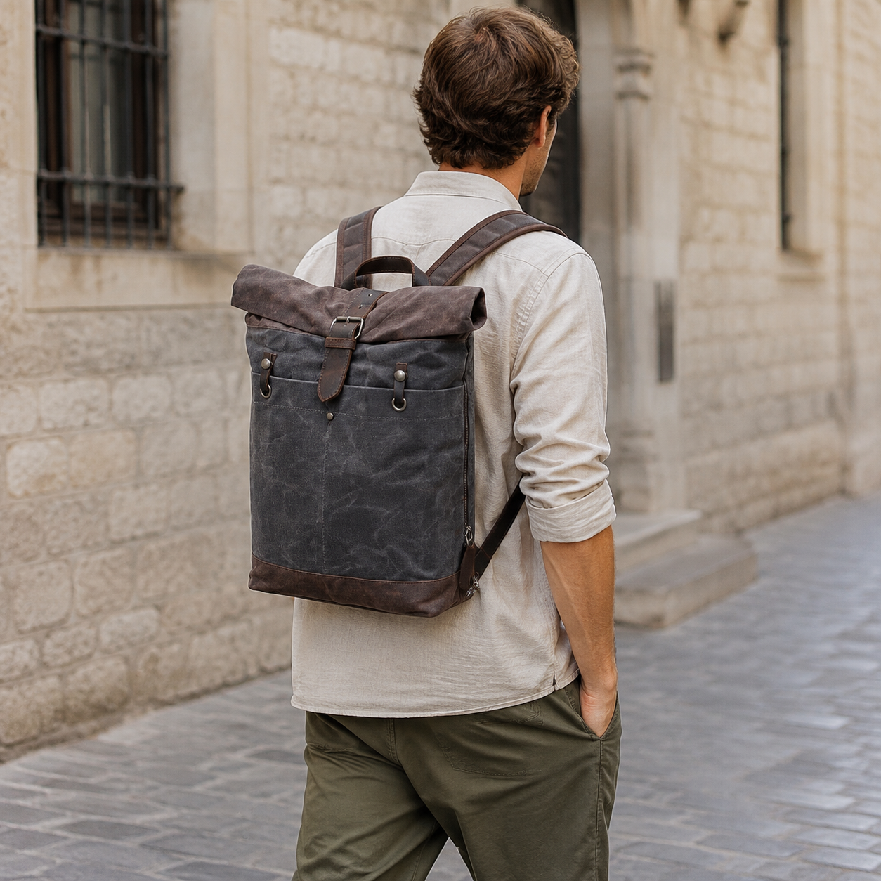 Vintage Roll Top Waxed Canvas Backpack Rucksack exact product model side lifestyle
