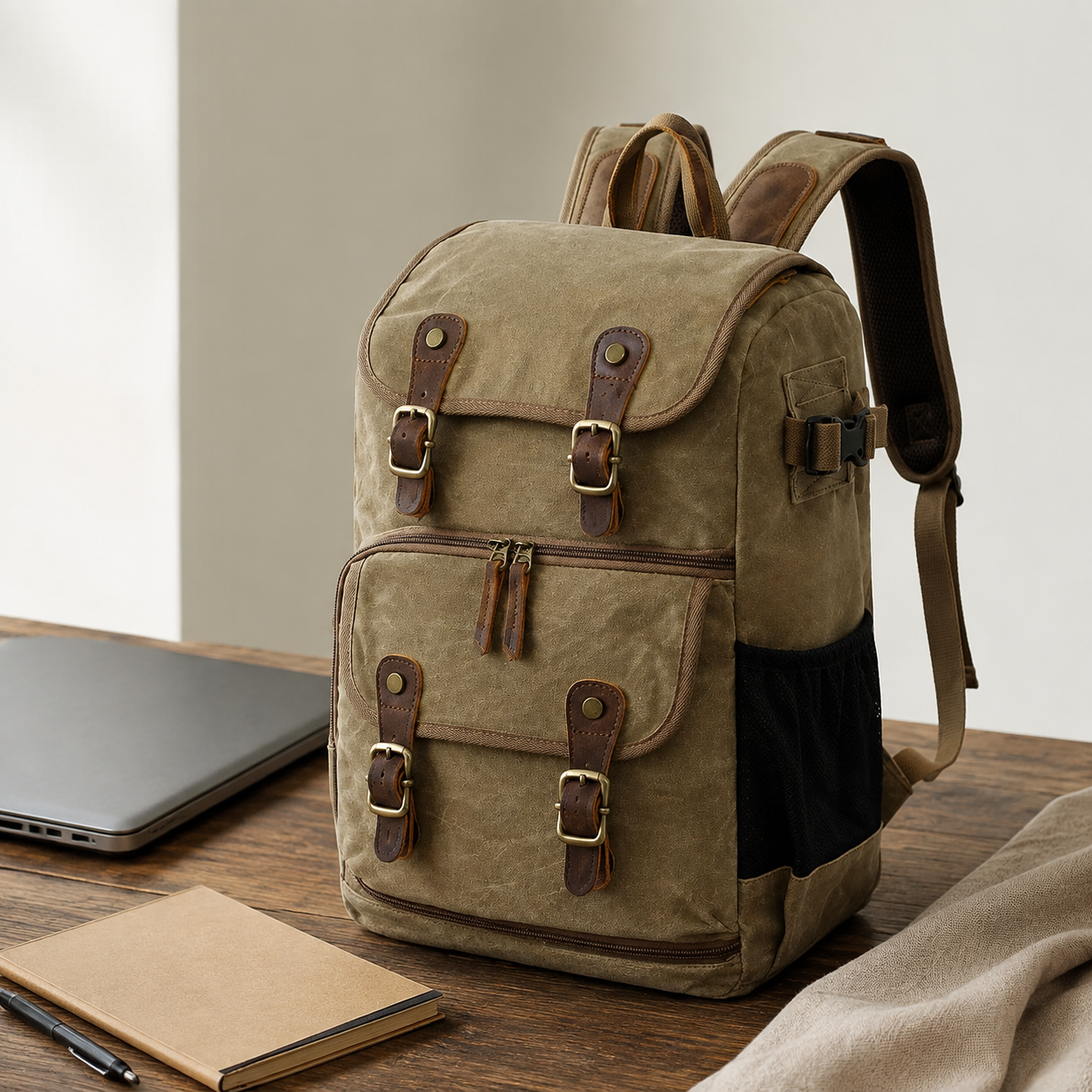 Woosir Waterproof Waxed Canvas Bag Camera Backpack exact product scene front lifestyle