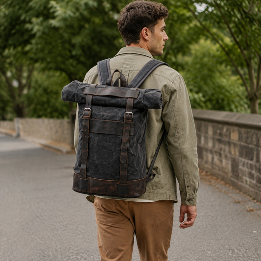 Waxed Canvas Roll Top Backpack Vintage Outdoor exact product model side lifestyle