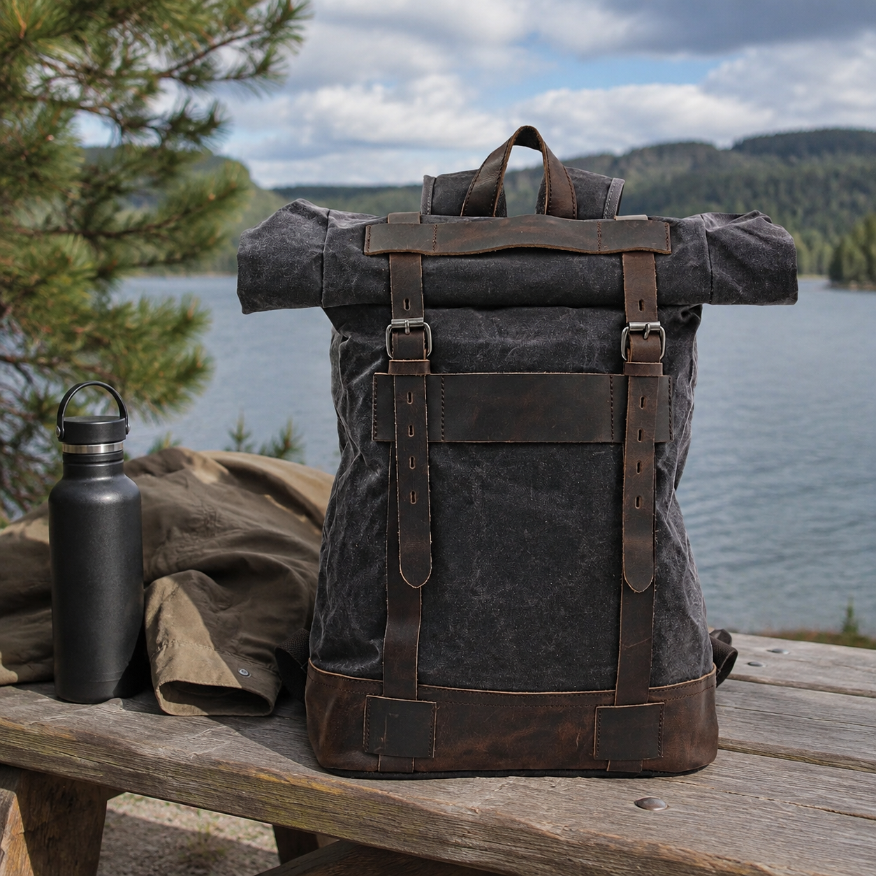 Waxed Canvas Roll Top Backpack Vintage Outdoor exact product scene front lifestyle