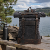 Waxed Canvas Roll Top Backpack Vintage Outdoor exact product scene front lifestyle