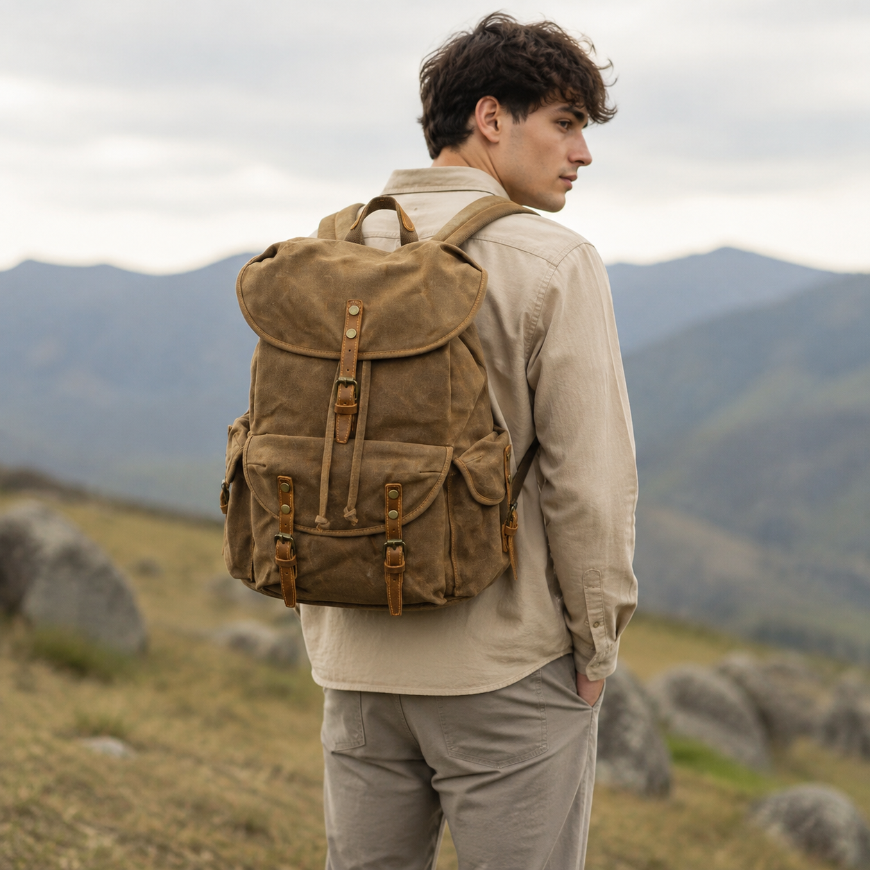 Vintage Waxed Canvas Backpack for School Outdoor exact product model front lifestyle