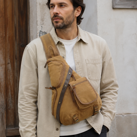 Men's Chest Pack Vintage Canvas Sling Bag exact product model front lifestyle