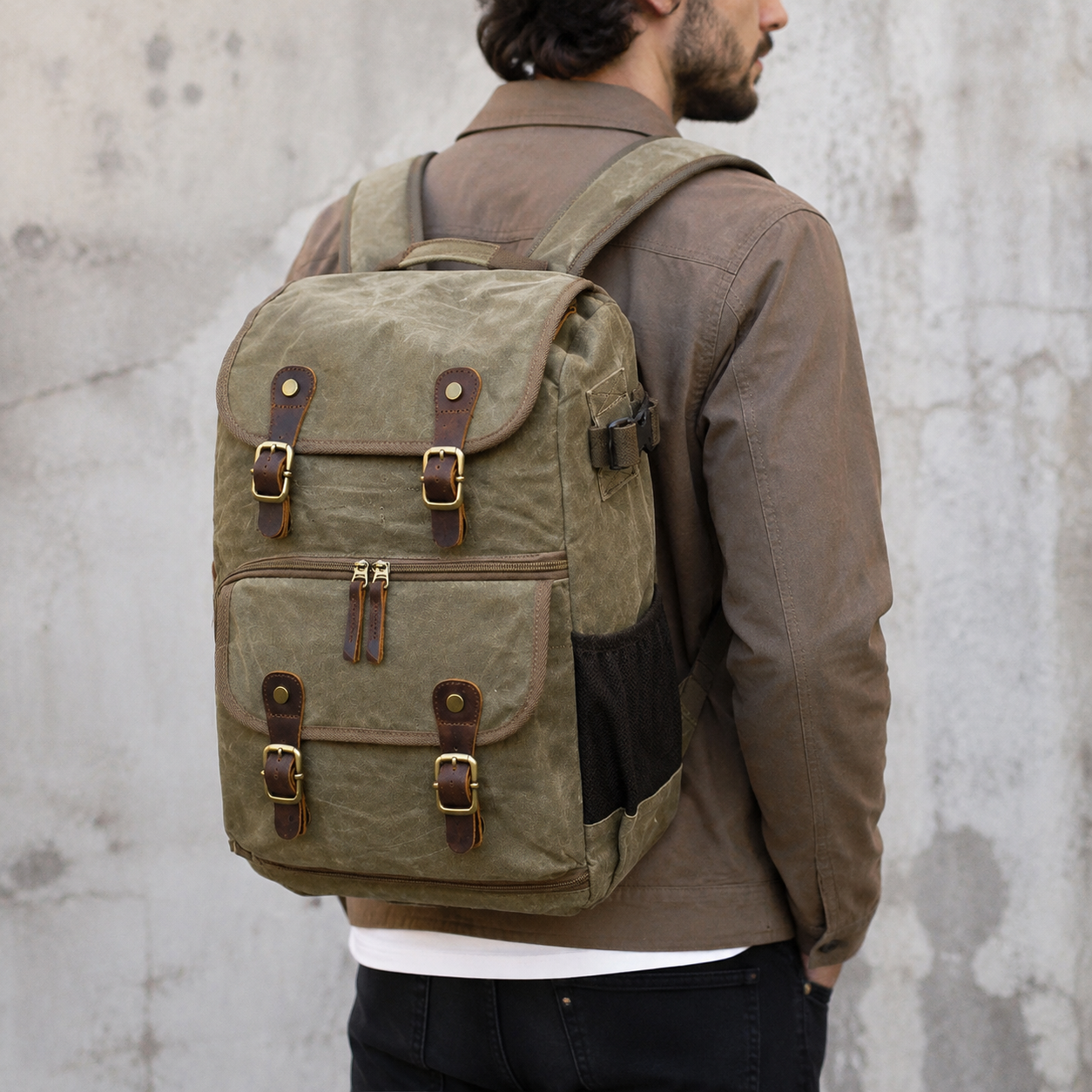 Woosir Waterproof Waxed Canvas Bag Camera Backpack exact product model front lifestyle