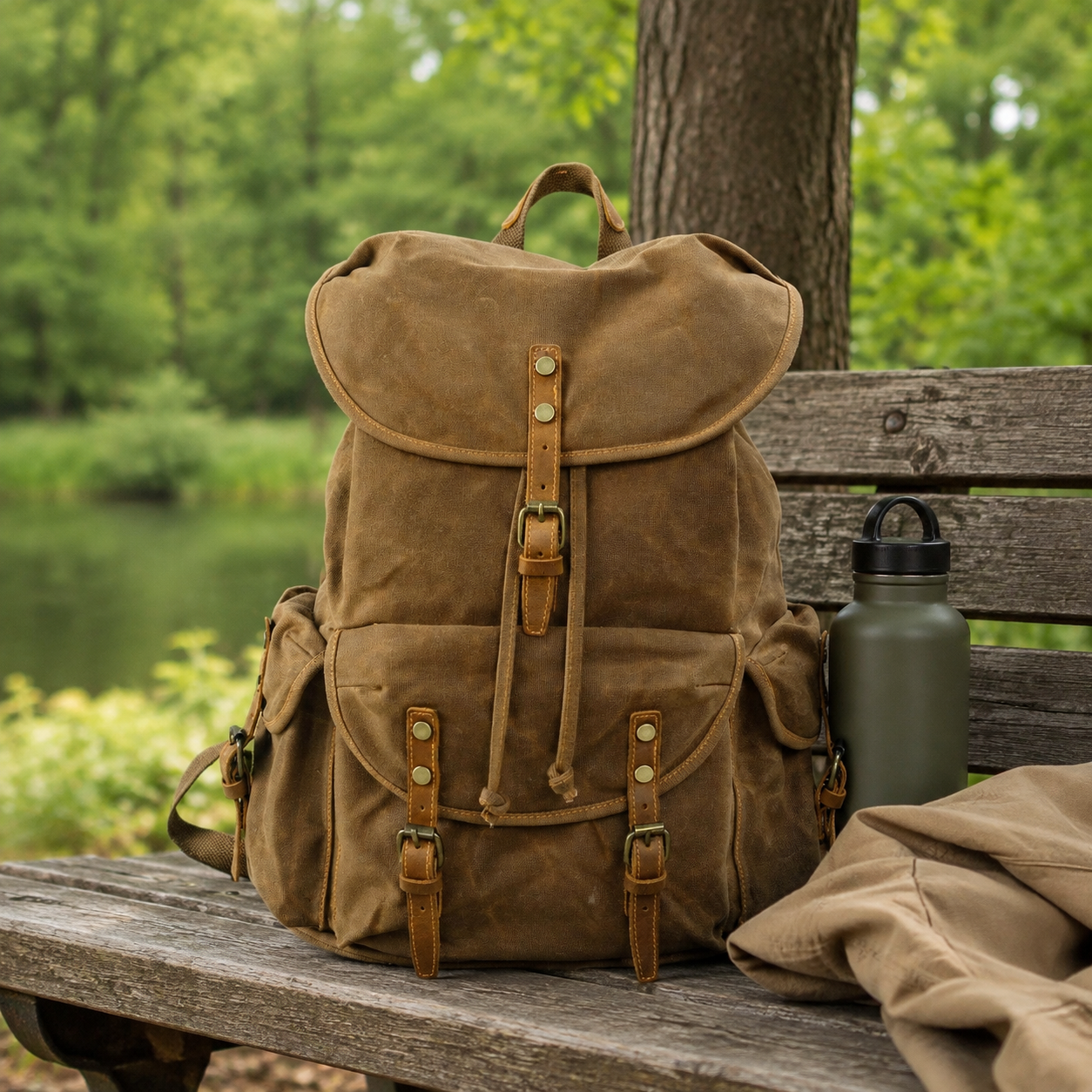 Vintage Waxed Canvas Backpack for School Outdoor exact product scene side lifestyle