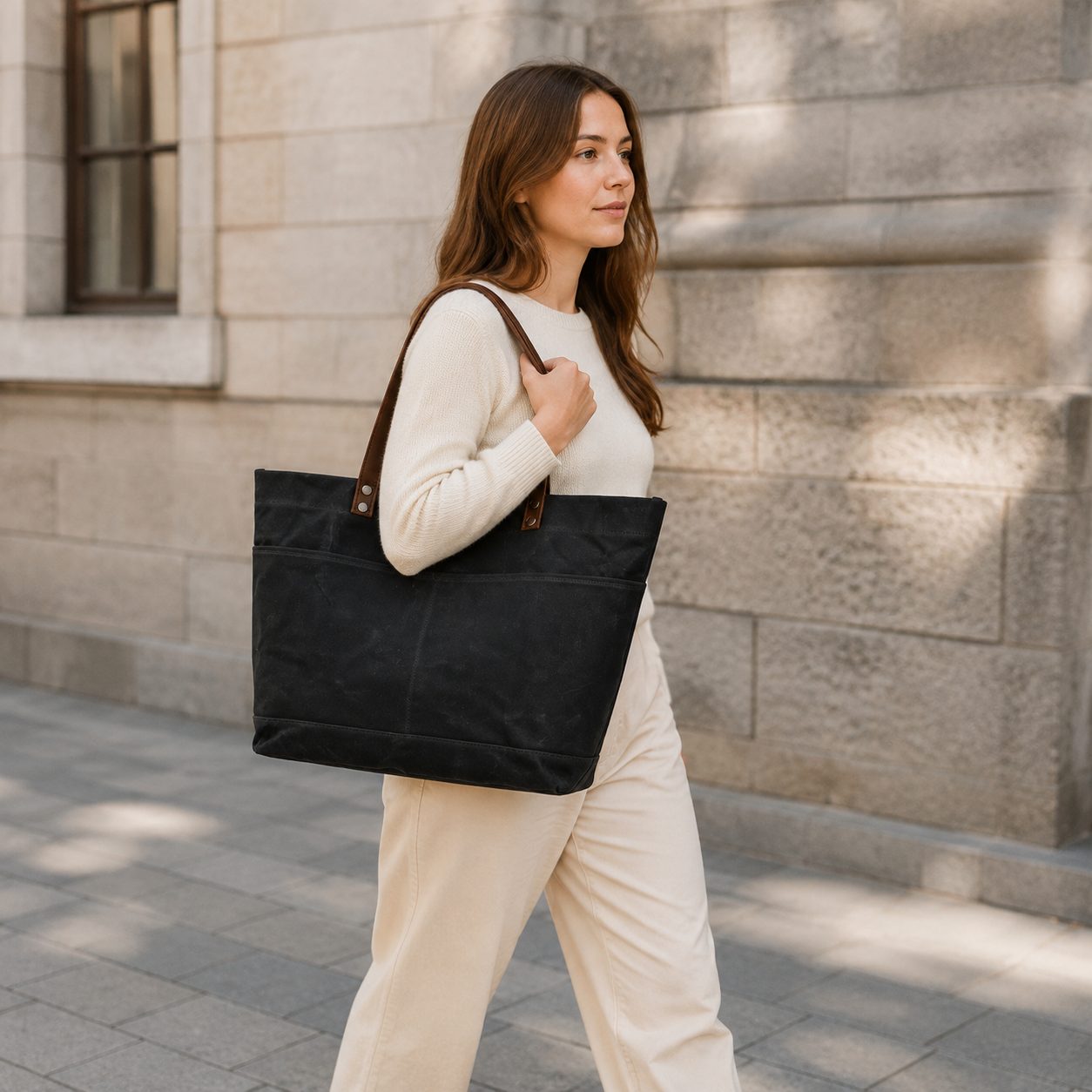 Woosir Waxed Canvas Shoulder Tote Bag with Front Pockets exact product model side lifestyle