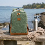 Vintage Leather Waxed Canvas Backpack exact product scene side lifestyle