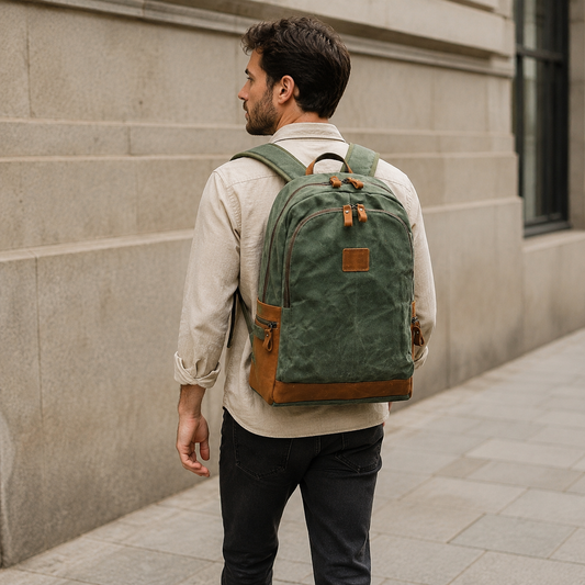 Vintage Leather Waxed Canvas Backpack exact product model side lifestyle
