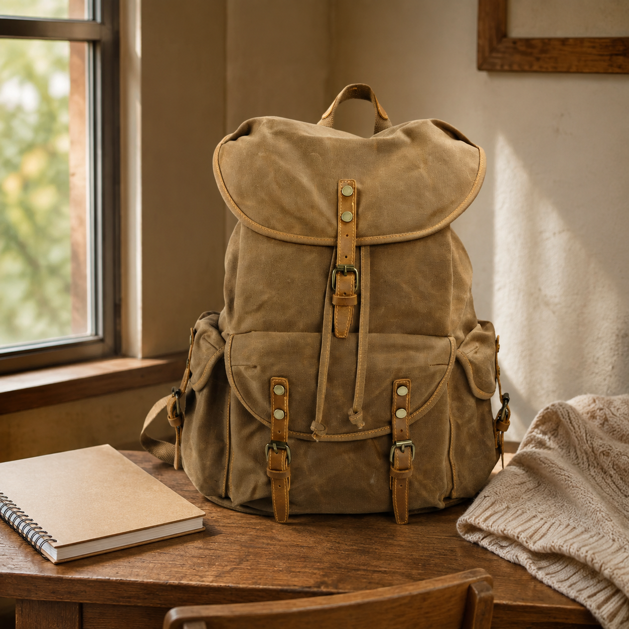 Vintage Waxed Canvas Backpack for School Outdoor exact product scene front lifestyle